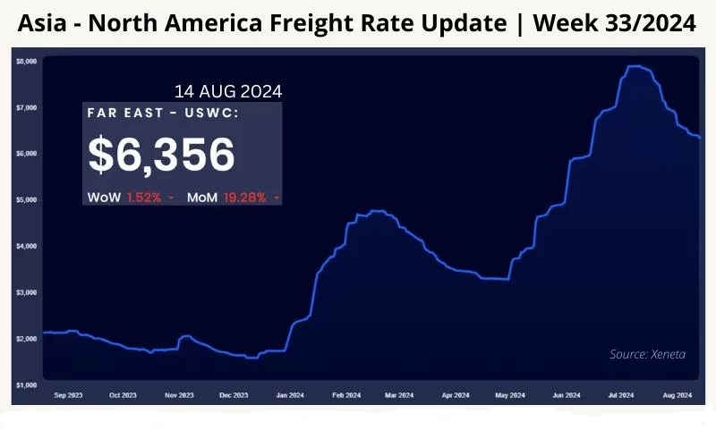 Giá cước vận chuyển Châu Á-Bắc Mỹ | Tuần 33/2024